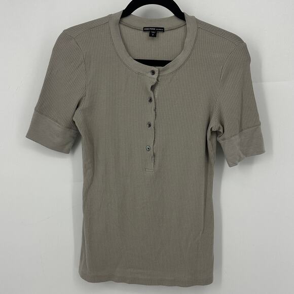 James Perse size 2 shirt Taupe half sleeve ribbed tencel cashmere henley minimal - Picture 1 of 10